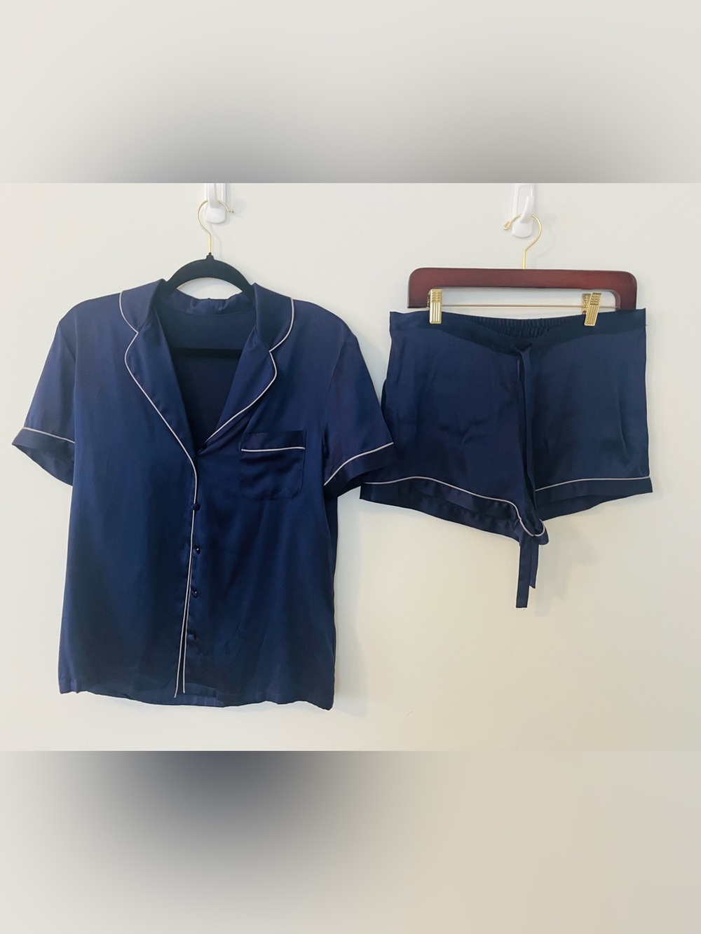 Silk Navy Short Sleeve Pajama Set with Contrast Piping